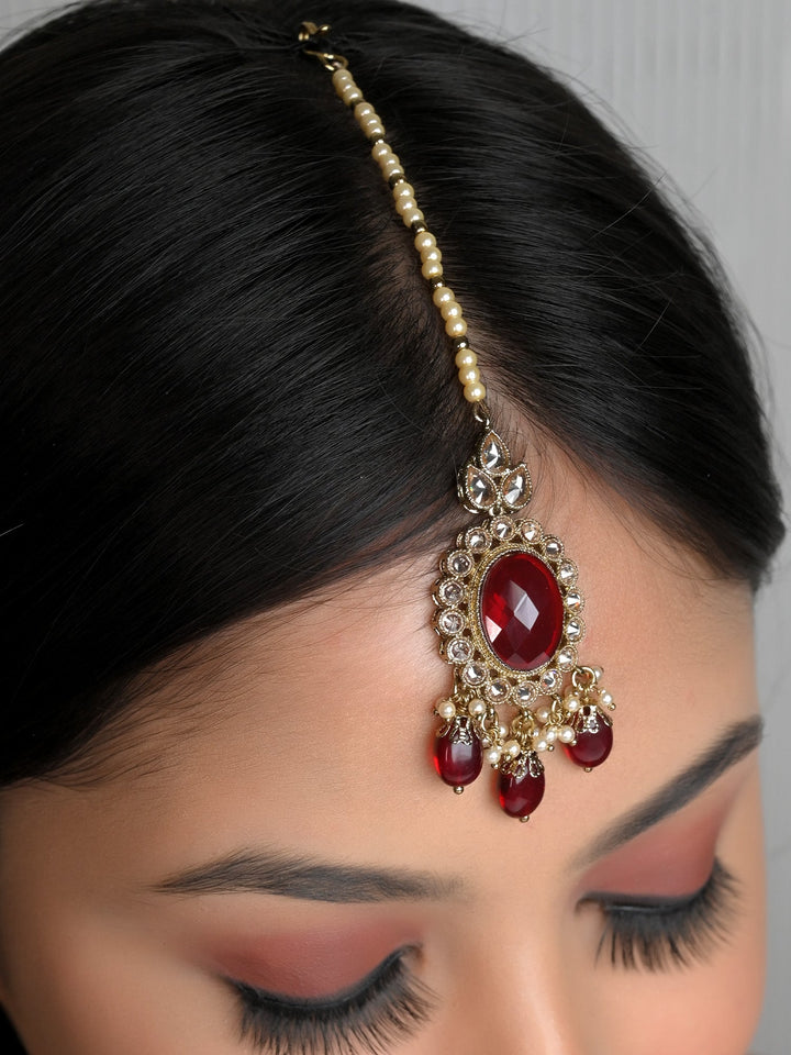  Maroon Polki Choker Set with Pearl Hanging and Matching Earring