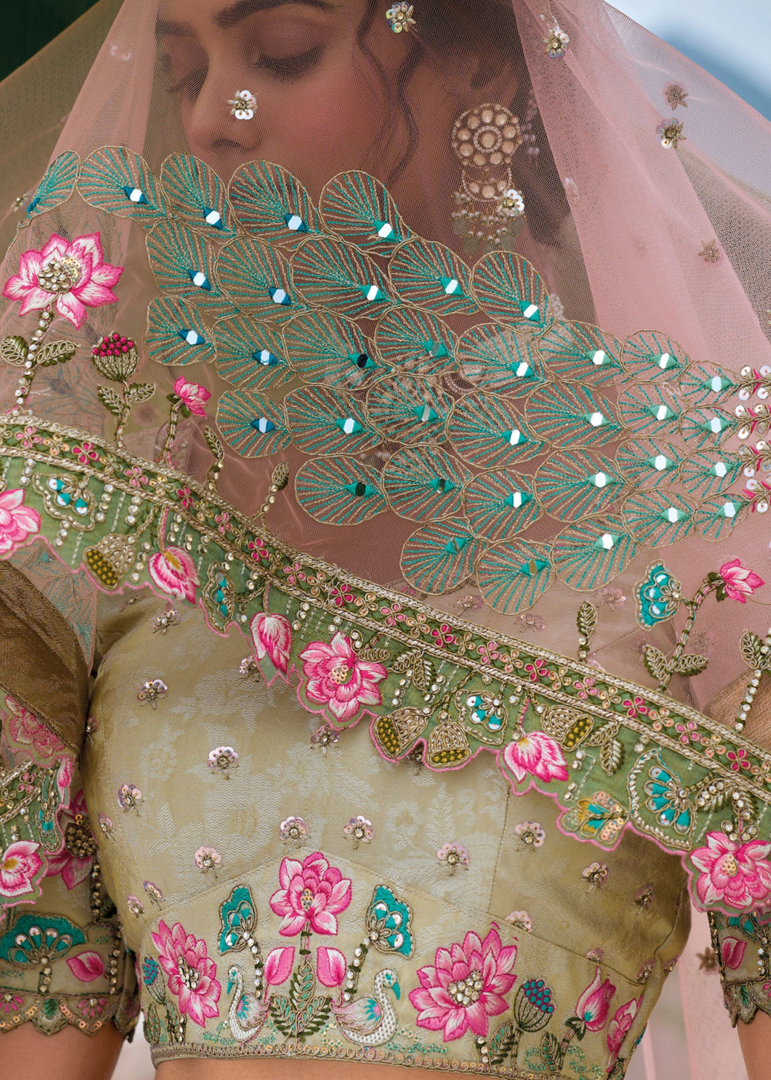 Pista Green and peach Viscose Tissue Lehenga Choli with Embroidery Work : Top Pick | Ready To Wear - qivii
