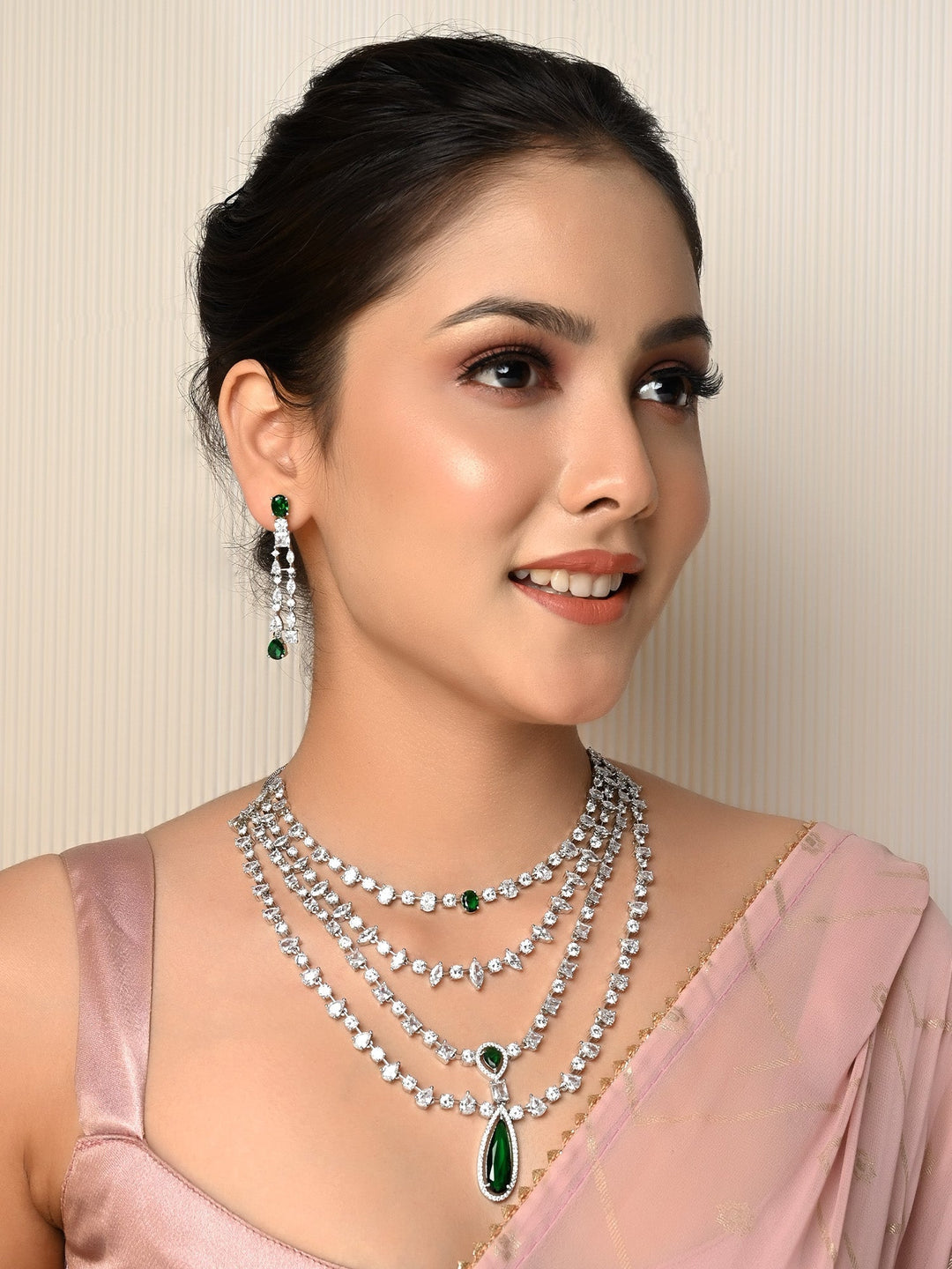 Exclusive Emerald Stone & American Diamond Set with Triple Layered Silver Plating