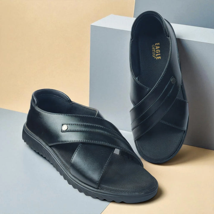 EAGLE P977372 Men's BLACK Sandal/Extra Soft Touch Free,Archfit Sandal Ethnic Wear Leather Navratri Fashion Footwear. - qivii