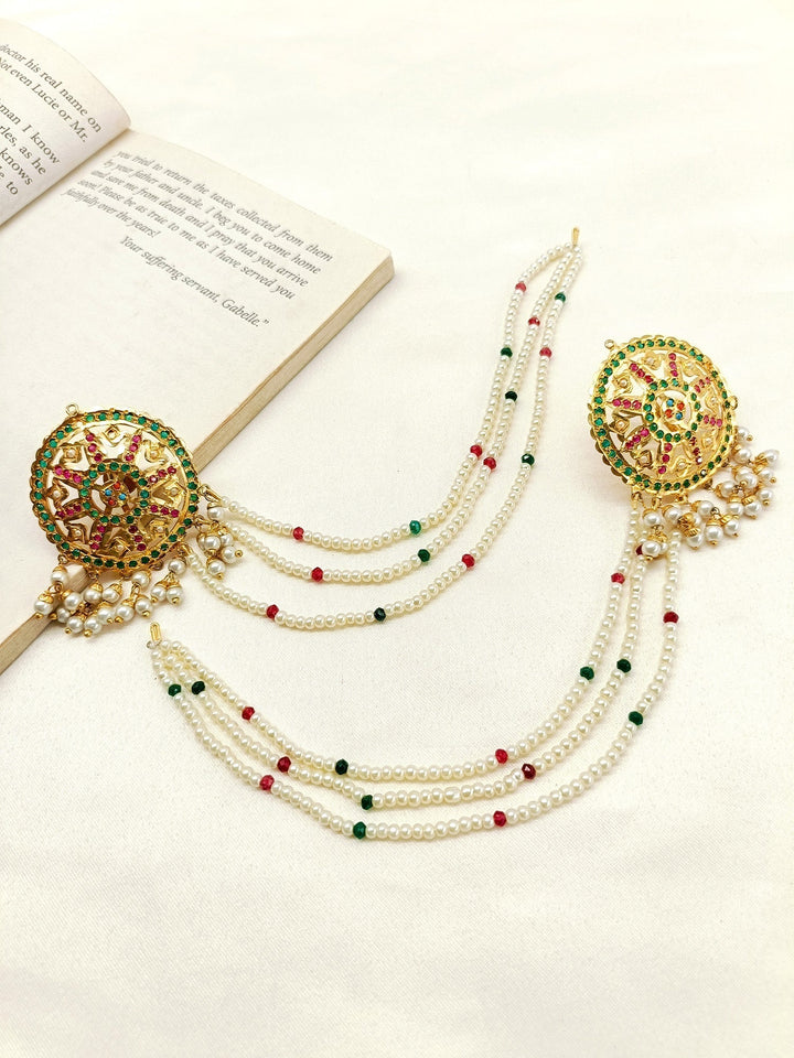 Triguni Multi Colour Jadau Earrings With Side Chain - qivii
