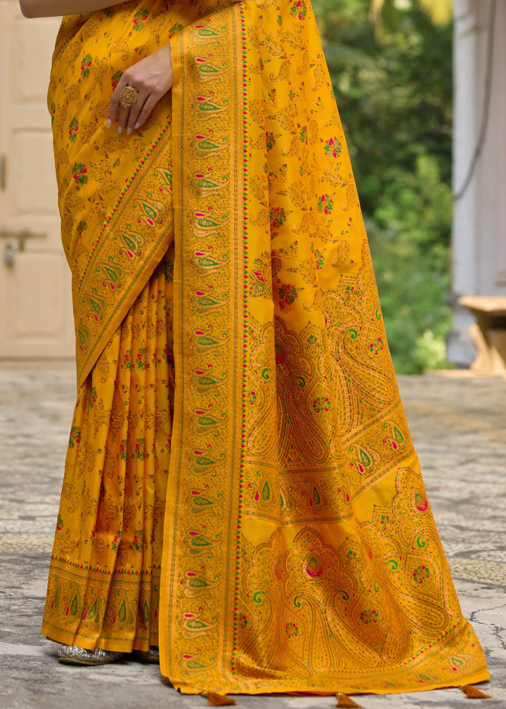 Yellow Thread Woven Jal & Flower Silk Saree With Thread Woven Pallu - qivii