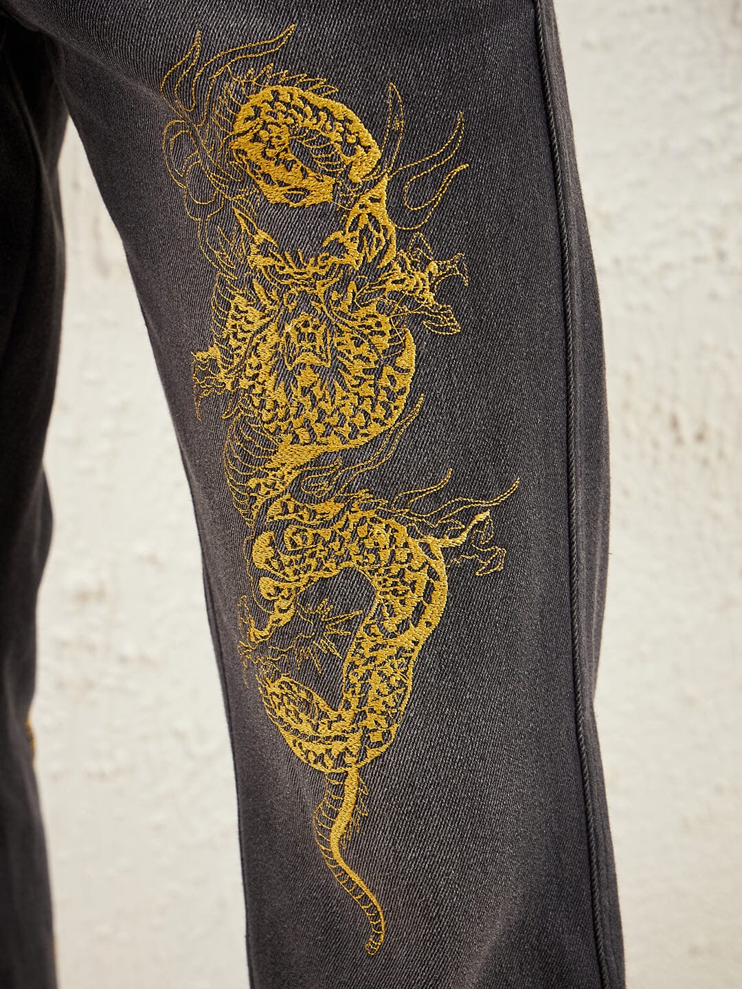 Black Dragon Embroidery Flared Denim