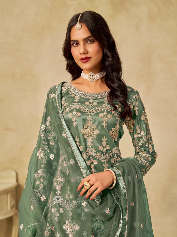 Hazel Green Net Palazzo Suit With Sequins Embroidery - qivii