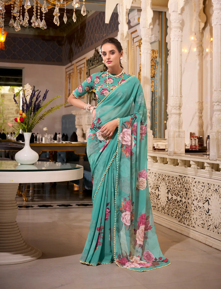 Sea Green Georgette Floral Print & Pearl Lace Border Saree - qivii