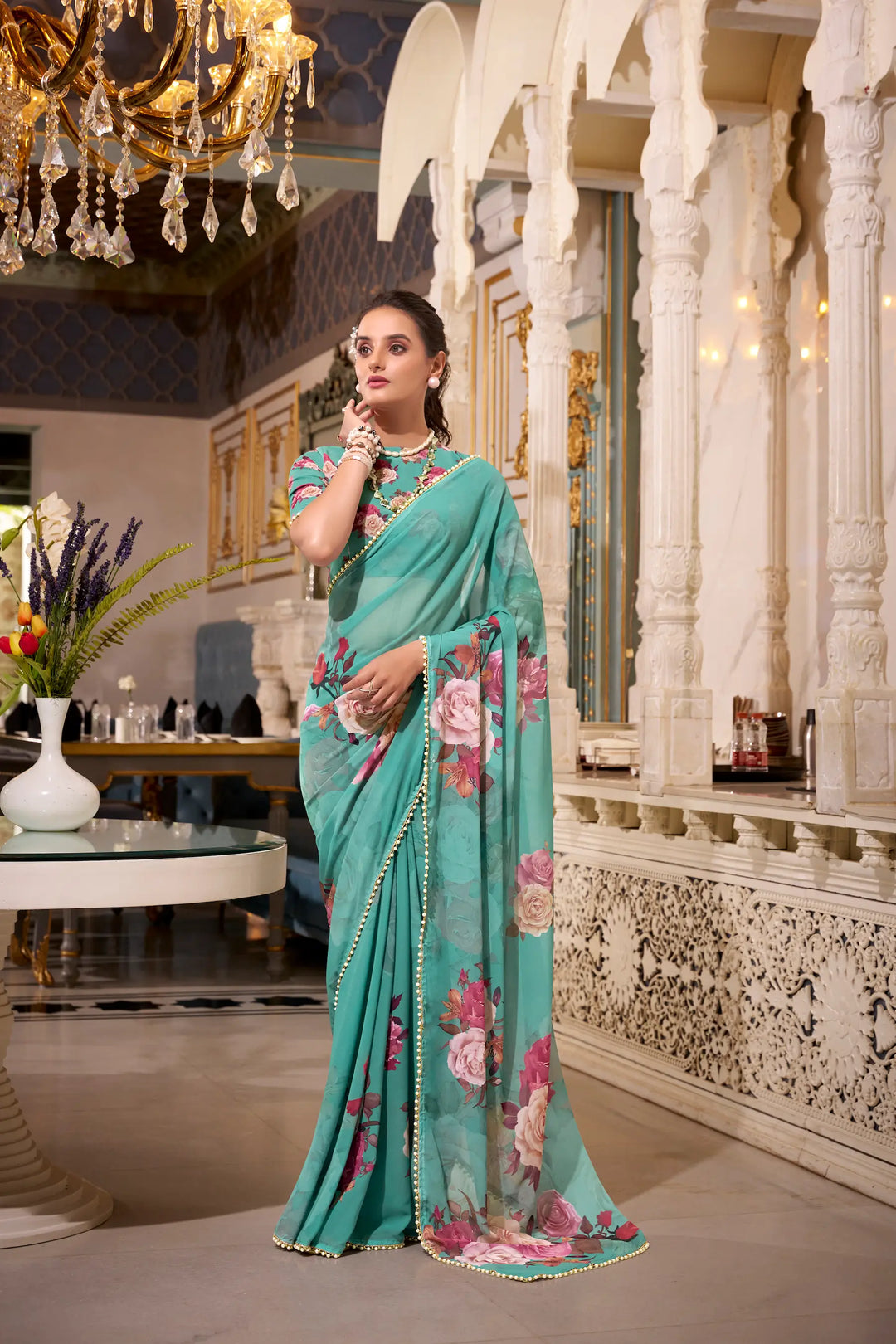 Sea Green Georgette Floral Print & Pearl Lace Border Saree - qivii