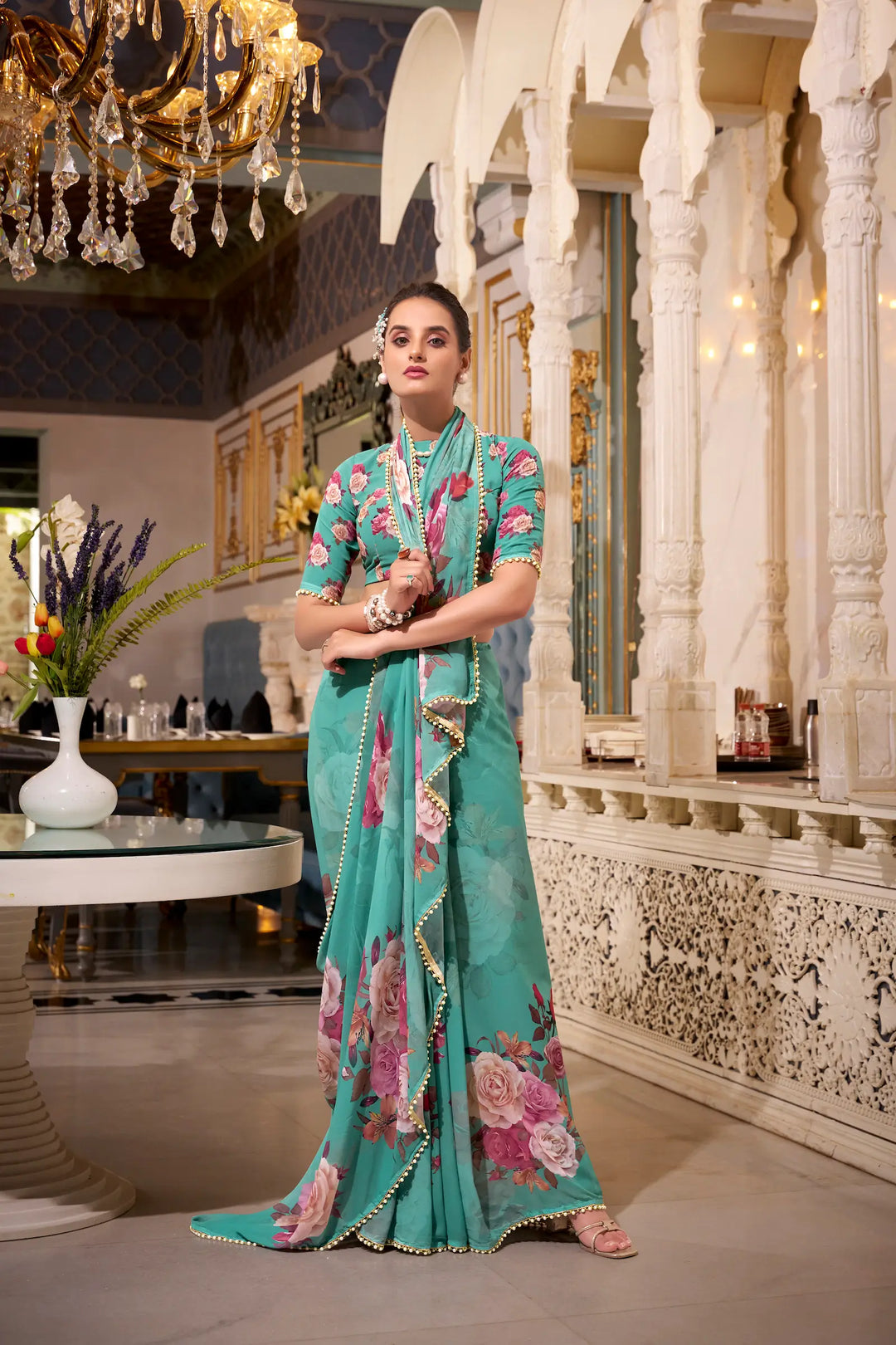 Sea Green Georgette Floral Print & Pearl Lace Border Saree - qivii