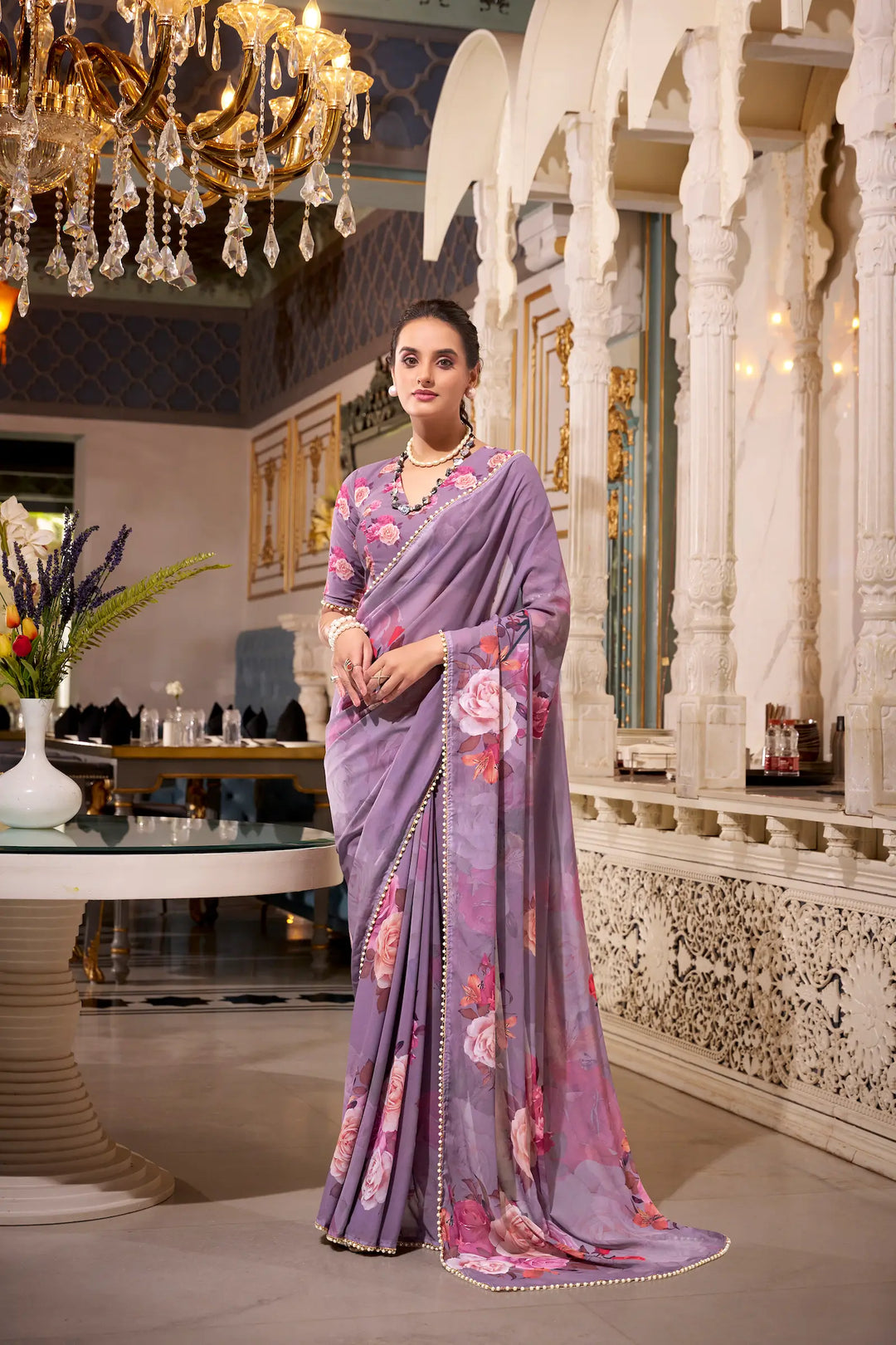 Grey Georgette Floral Print & Pearl Lace Border Saree - qivii