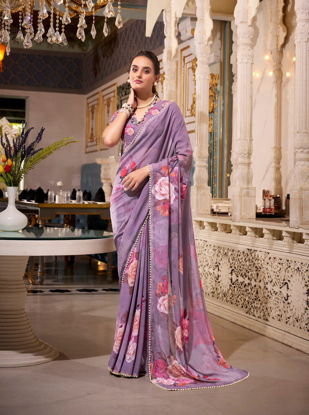 Grey Georgette Floral Print & Pearl Lace Border Saree - qivii