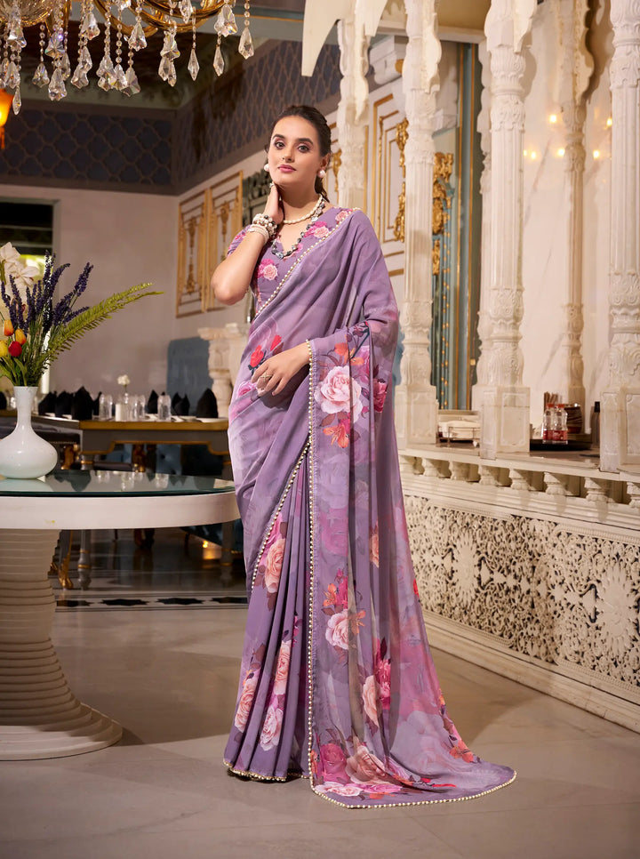 Grey Georgette Floral Print & Pearl Lace Border Saree - qivii