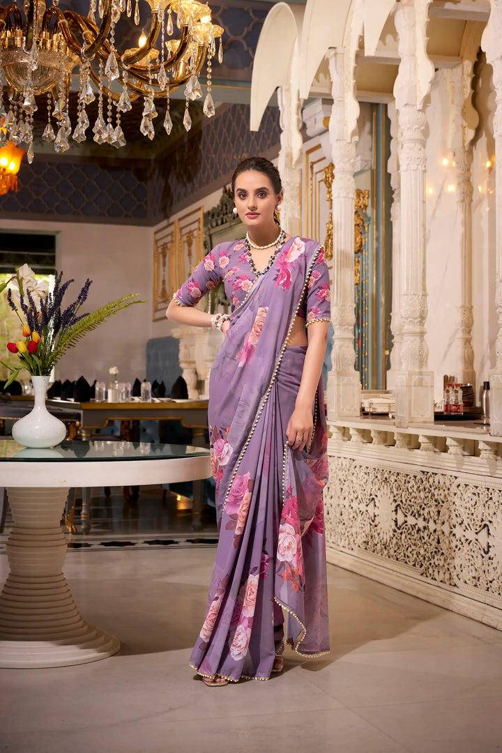 Grey Georgette Floral Print & Pearl Lace Border Saree - qivii