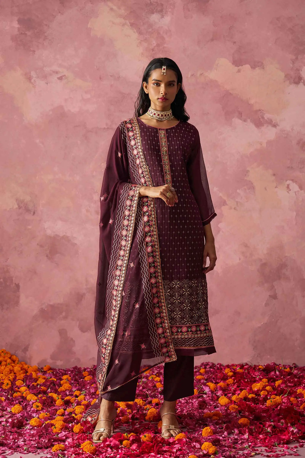 Wine Straight Fancy Embroidery Work Kurta Set With Dupatta