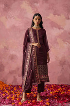 Wine Straight Fancy Embroidery Work Kurta Set With Dupatta