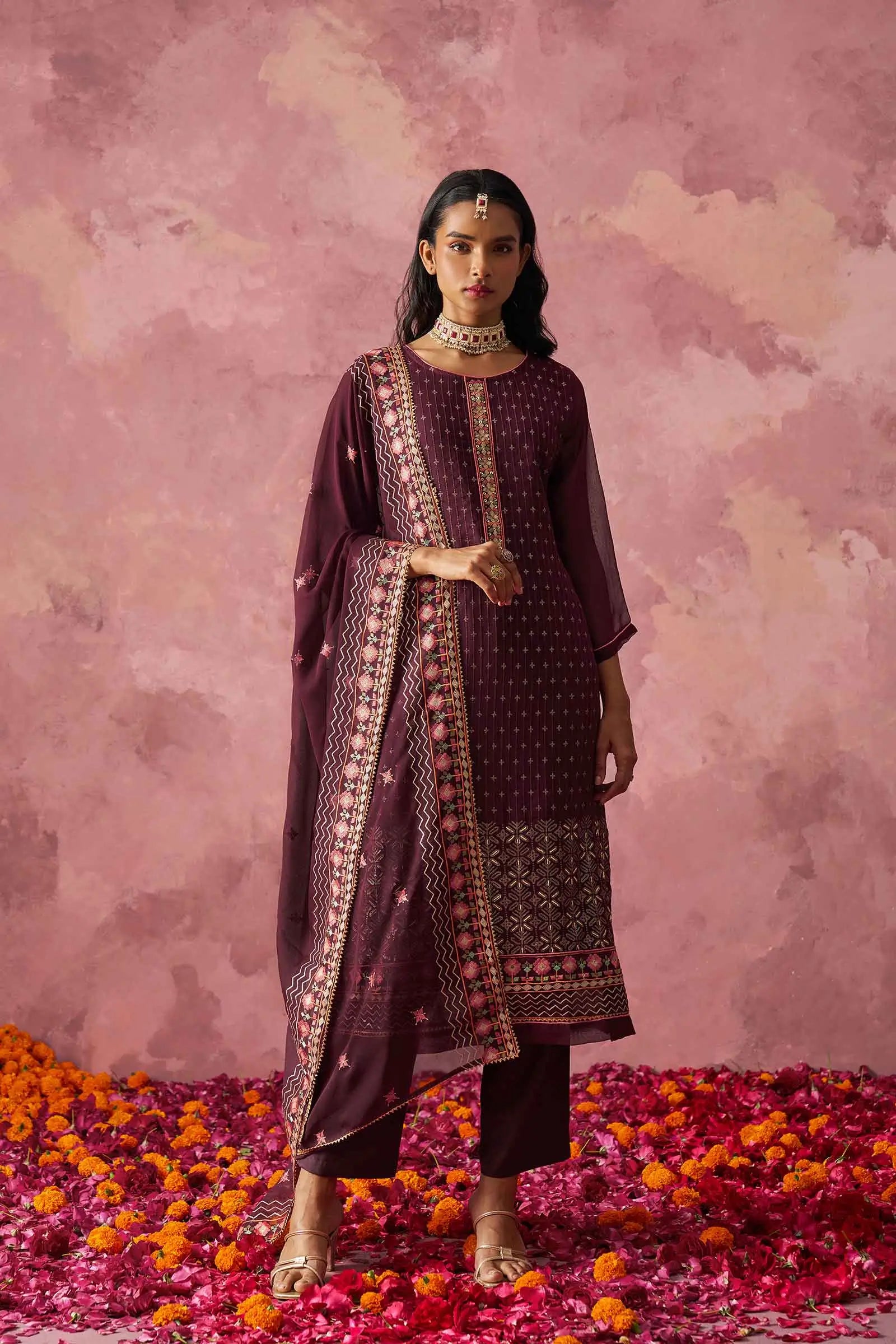 Wine Straight Fancy Embroidery Work Kurta Set With Dupatta