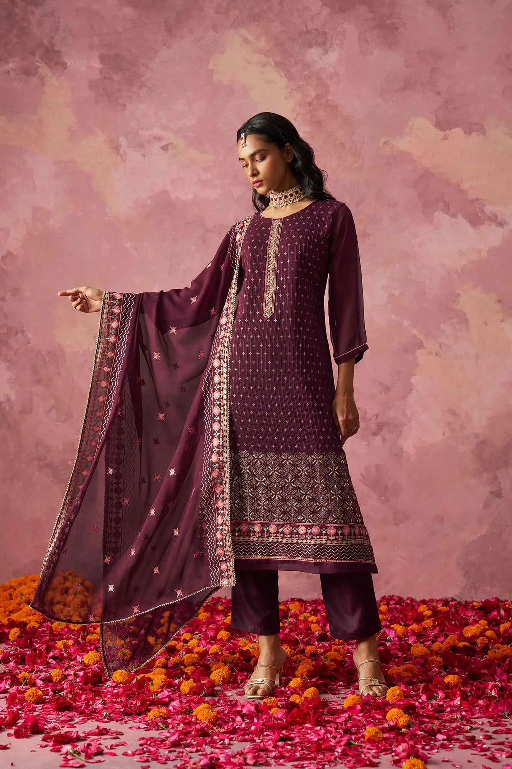 Wine Straight Fancy Embroidery Work Kurta Set With Dupatta