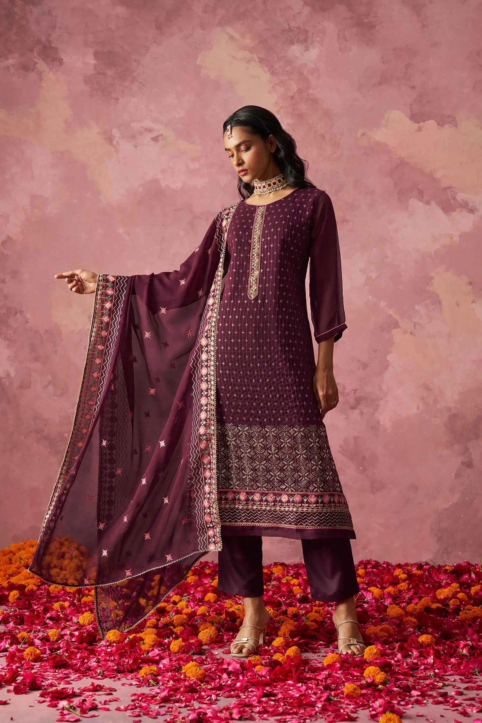 Wine Straight Fancy Embroidery Work Kurta Set With Dupatta