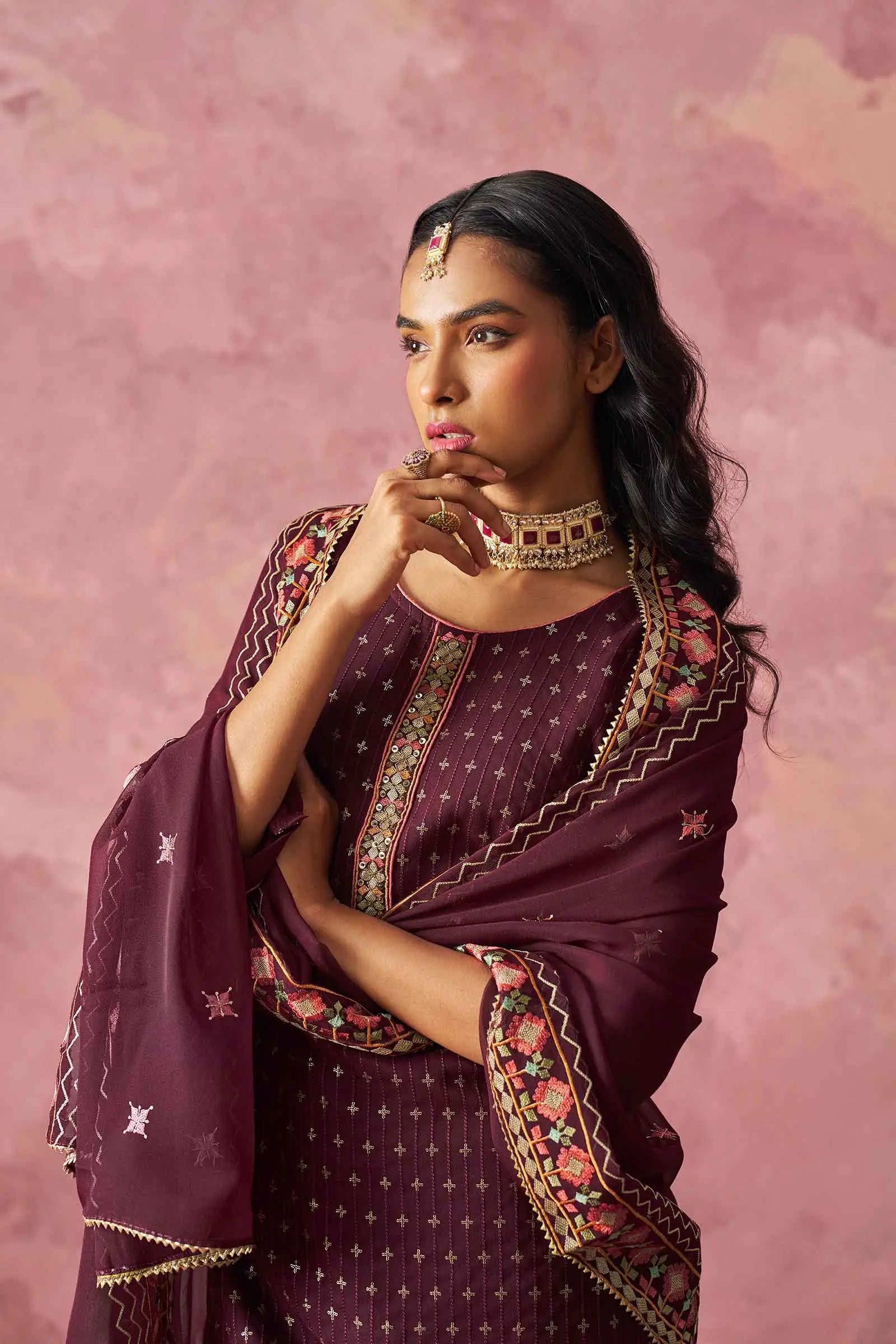 Wine Straight Fancy Embroidery Work Kurta Set With Dupatta