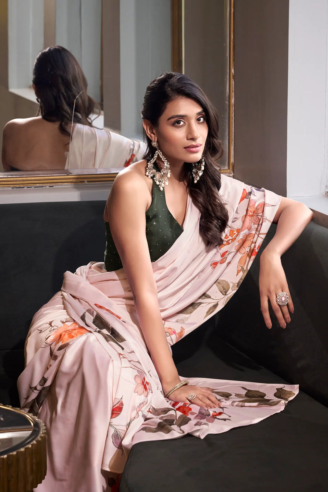 Off White Satin Silk Floral Printed Saree - qivii