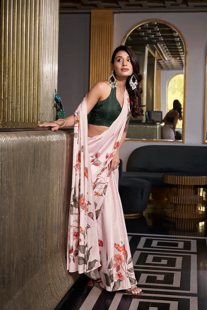 Off White Satin Silk Floral Printed Saree - qivii
