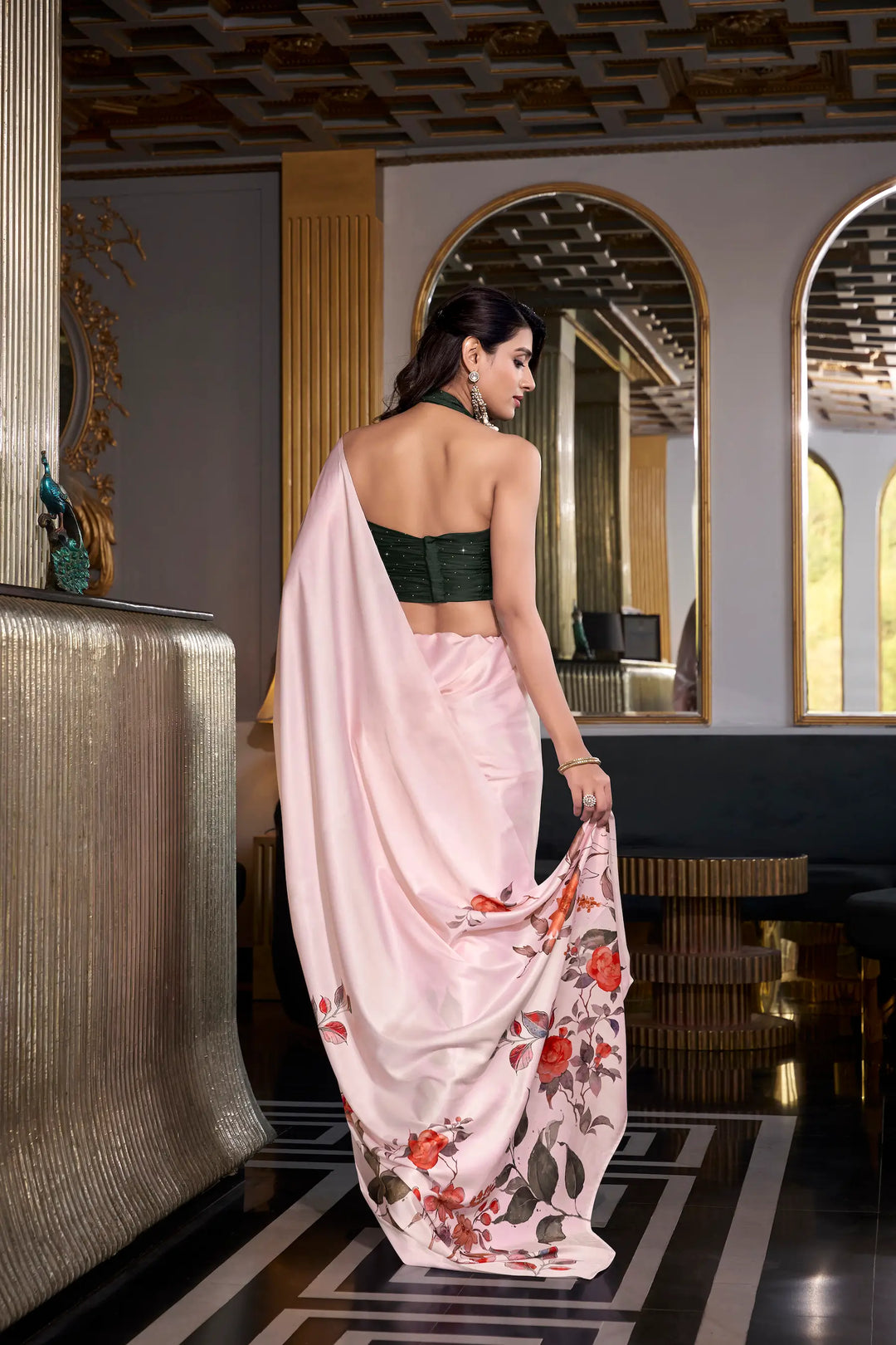 Off White Satin Silk Floral Printed Saree - qivii