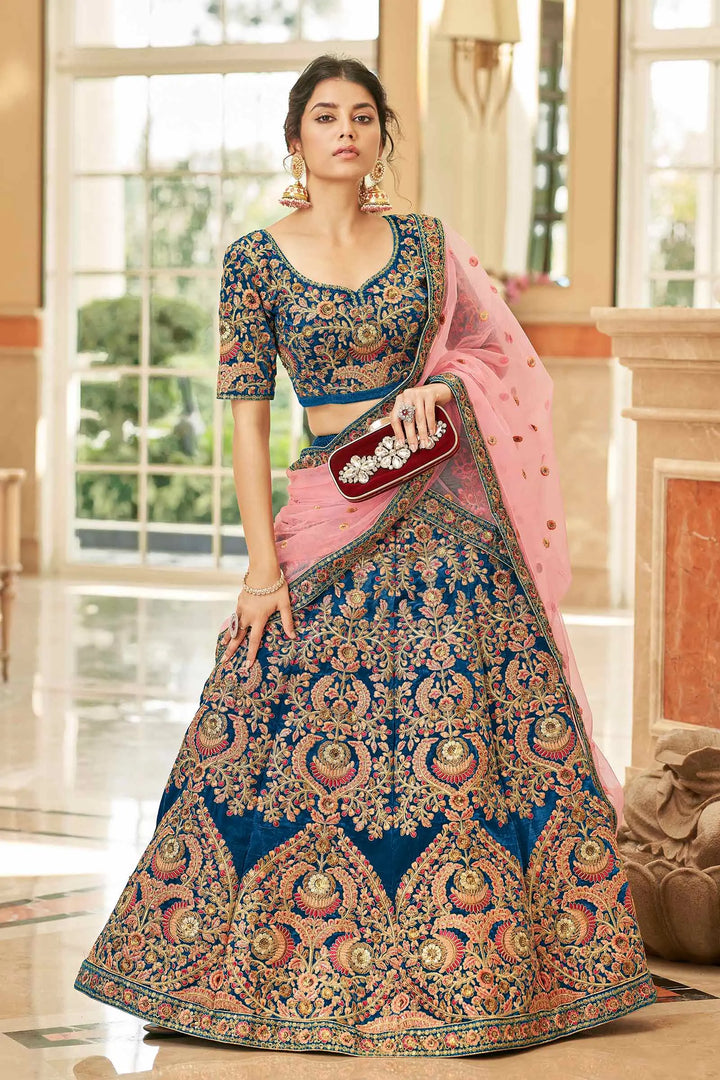 Blue Velvet Lehenga Choli With Thread, Dori, Zari And Sequins Embroidered Work | Ready To Wear - qivii