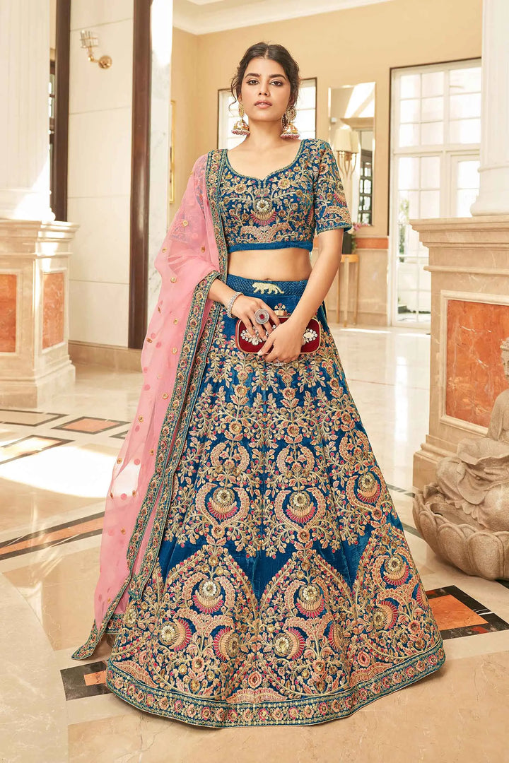 Blue Velvet Lehenga Choli With Thread, Dori, Zari And Sequins Embroidered Work | Ready To Wear - qivii