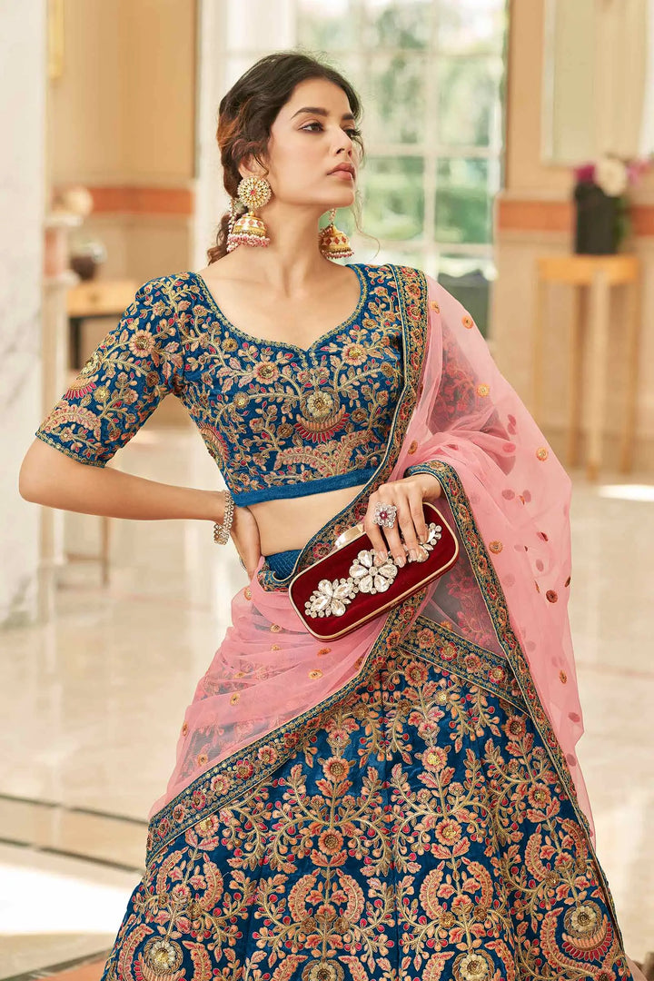 Blue Velvet Lehenga Choli With Thread, Dori, Zari And Sequins Embroidered Work | Ready To Wear - qivii