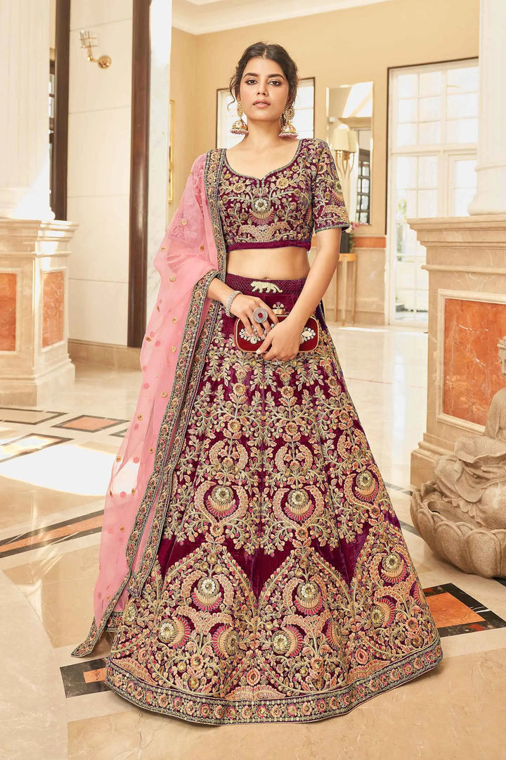 Maroon Velvet Lehenga Choli With Thread, Dori, Zari And Sequins Embroidered Work | Ready To Wear - qivii