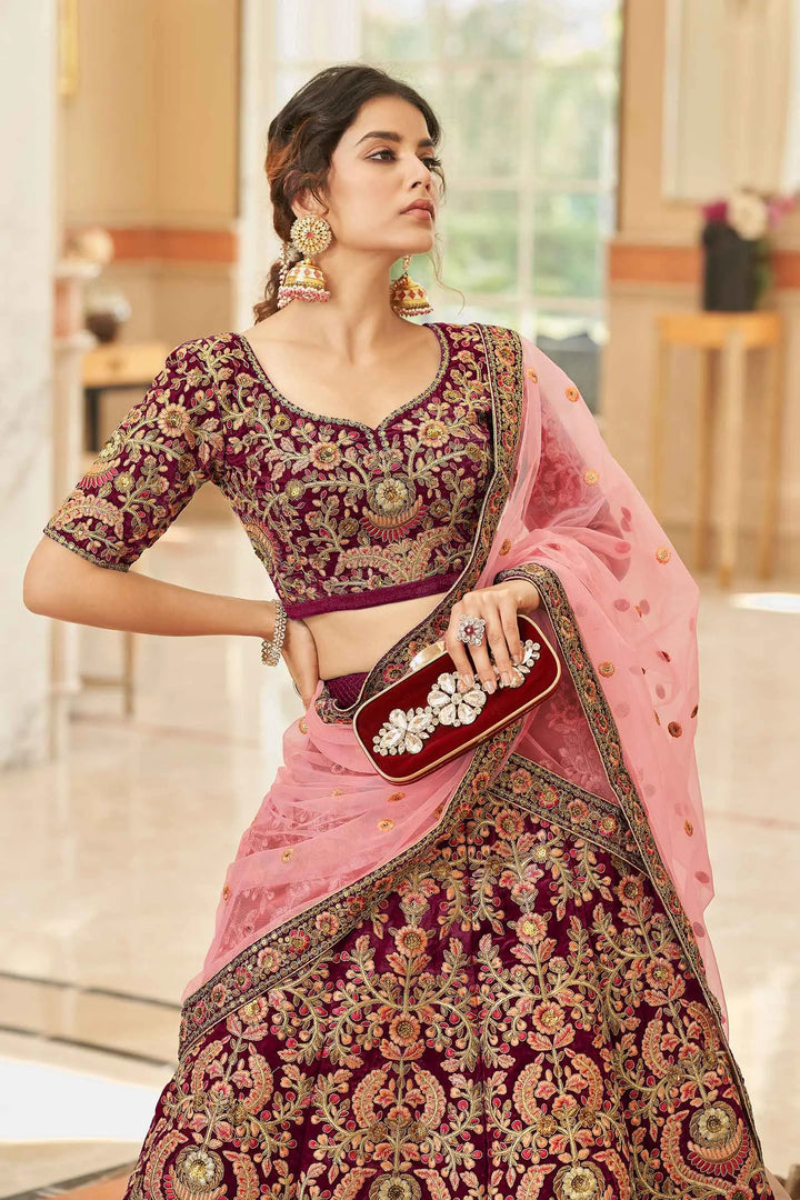 Maroon Velvet Lehenga Choli With Thread, Dori, Zari And Sequins Embroidered Work | Ready To Wear - qivii