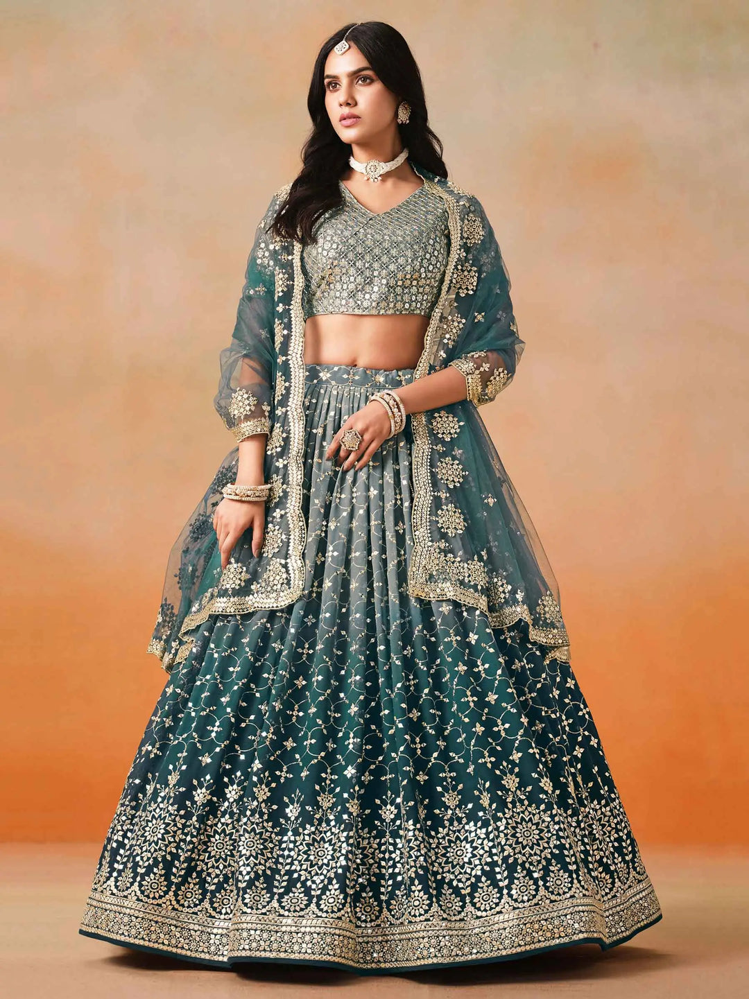 Blue To Grey Gradient Georgette Lehenga With Zari Sequins Embroidery Work - qivii