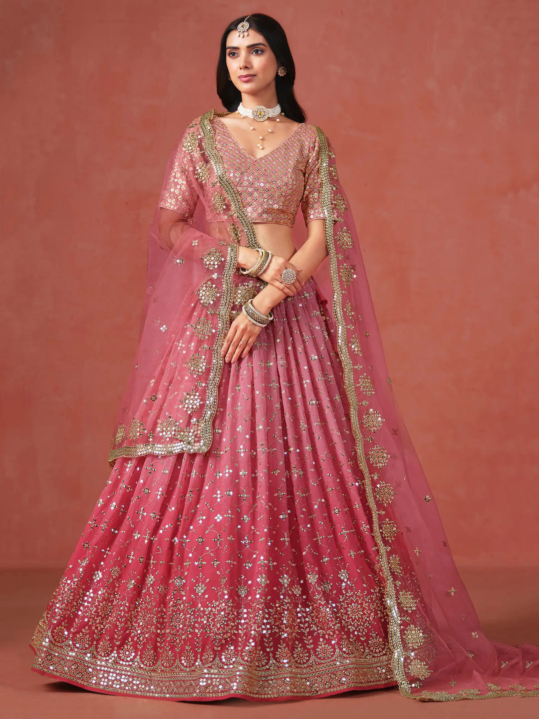 Peach To Pink Gradient Georgette Lehenga With Zari Sequins Embroidery Work - qivii