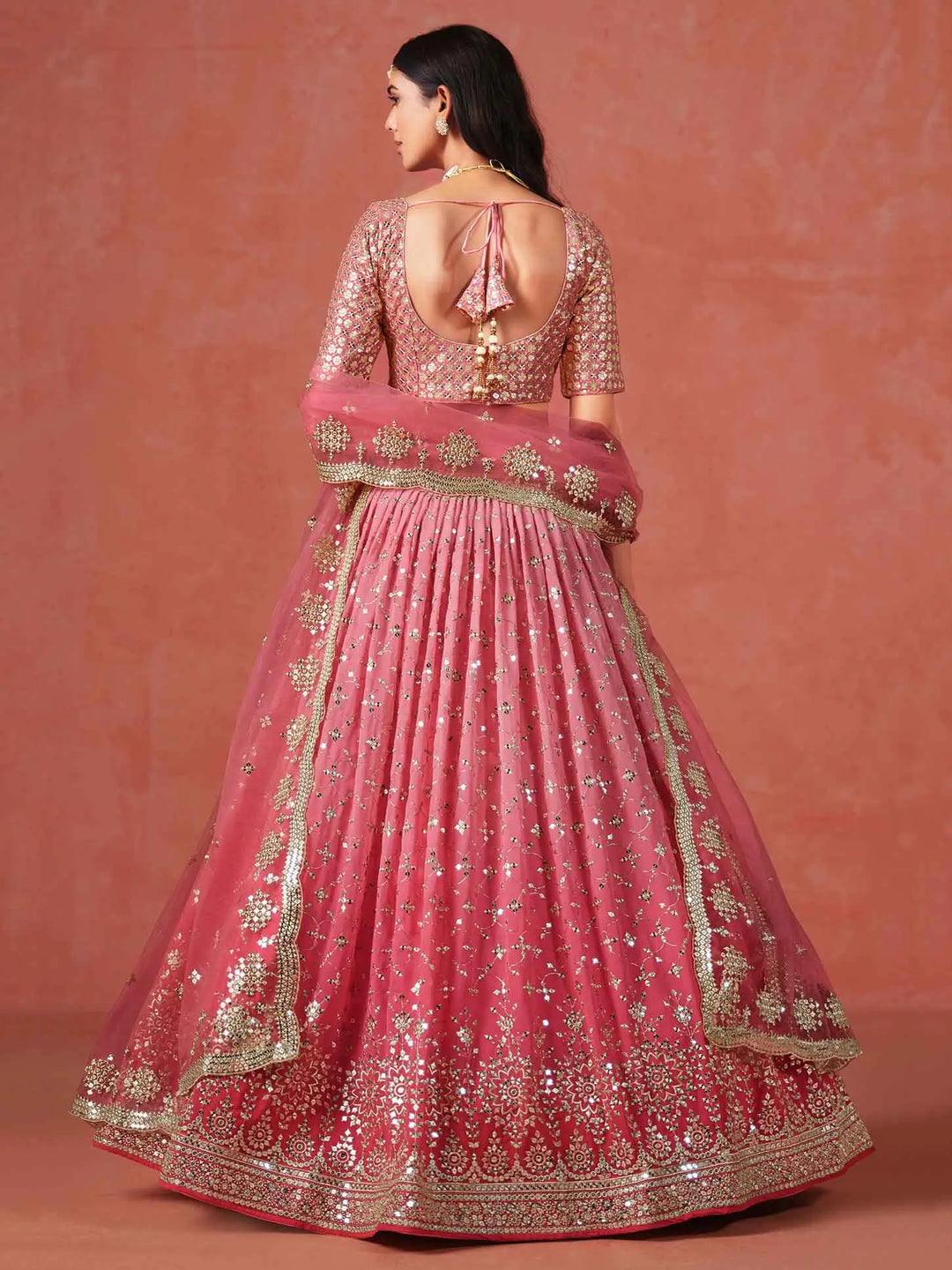 Peach To Pink Gradient Georgette Lehenga With Zari Sequins Embroidery Work - qivii
