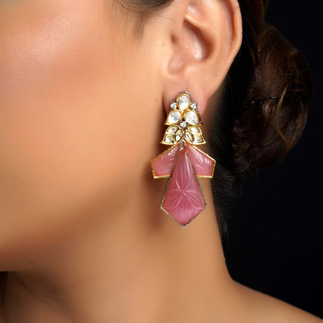  Elegant Diyanshi Pink Rhodium Plated Victorian Earrings with Kundan and Carving Pink Stones 