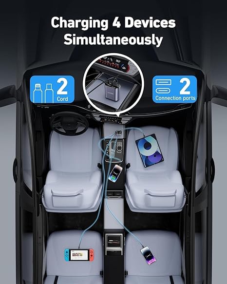 120W 4-in-1 Detachable Fast Car Charger with Built-in Cables & Smart Voltage Display
