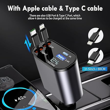 120W 4-in-1 Detachable Fast Car Charger with Built-in Cables & Smart Voltage Display