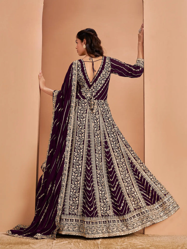 Brown Georgette Gown With Sequence & Thread Embroidery Work - qivii