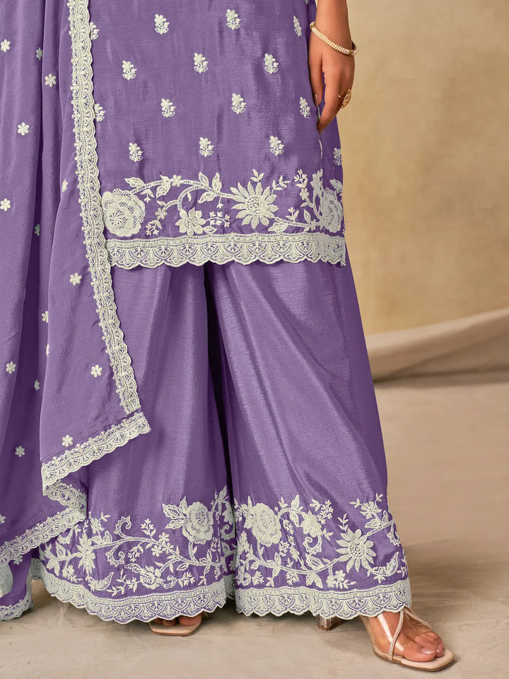 Lavender Chinon Embroidery Work Palazzo Suit - qivii