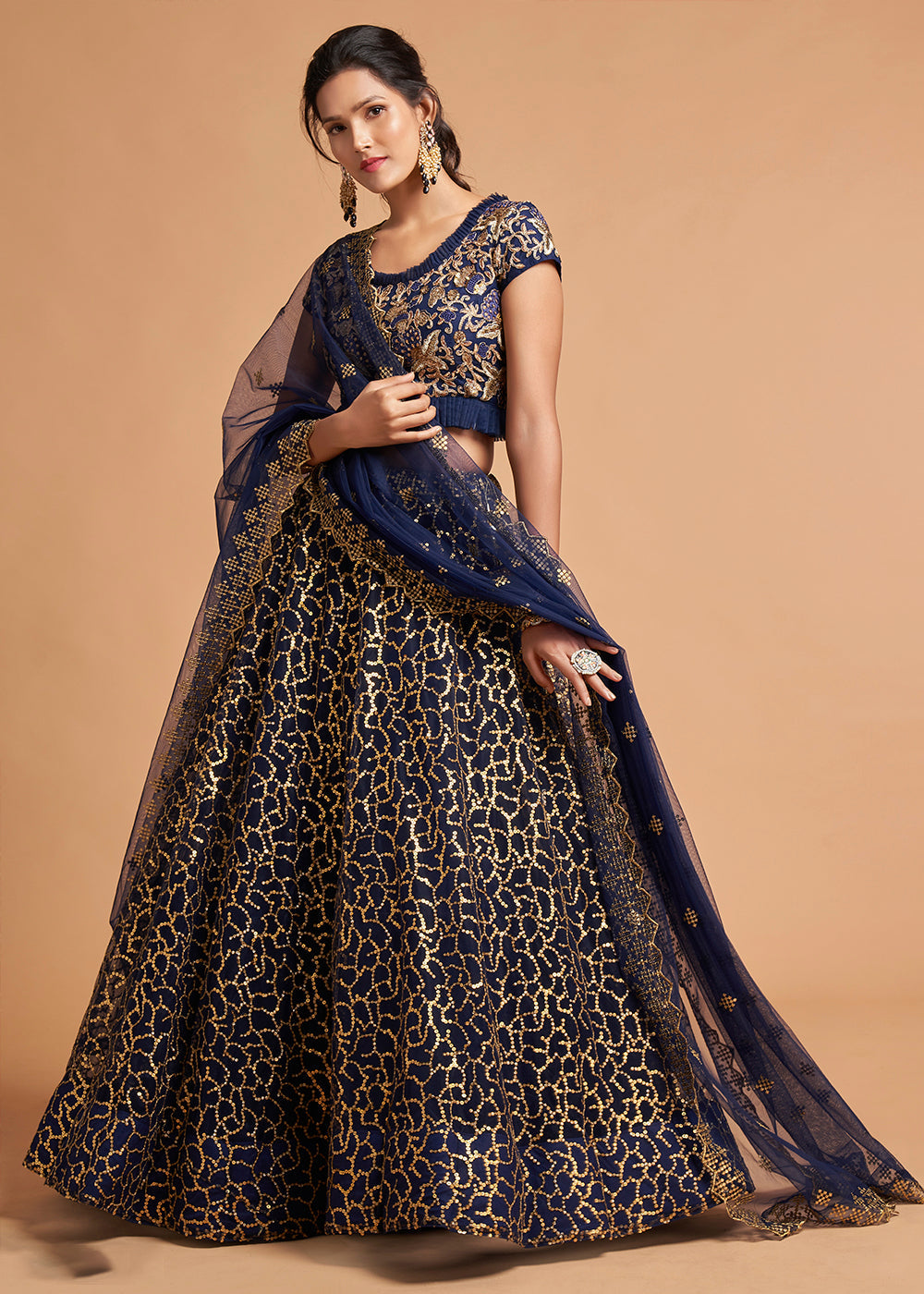Navy Blue Designer Soft Net Lehenga Choli with Zari, Dori & Thread Embroidery work | Ready To Wear - qivii