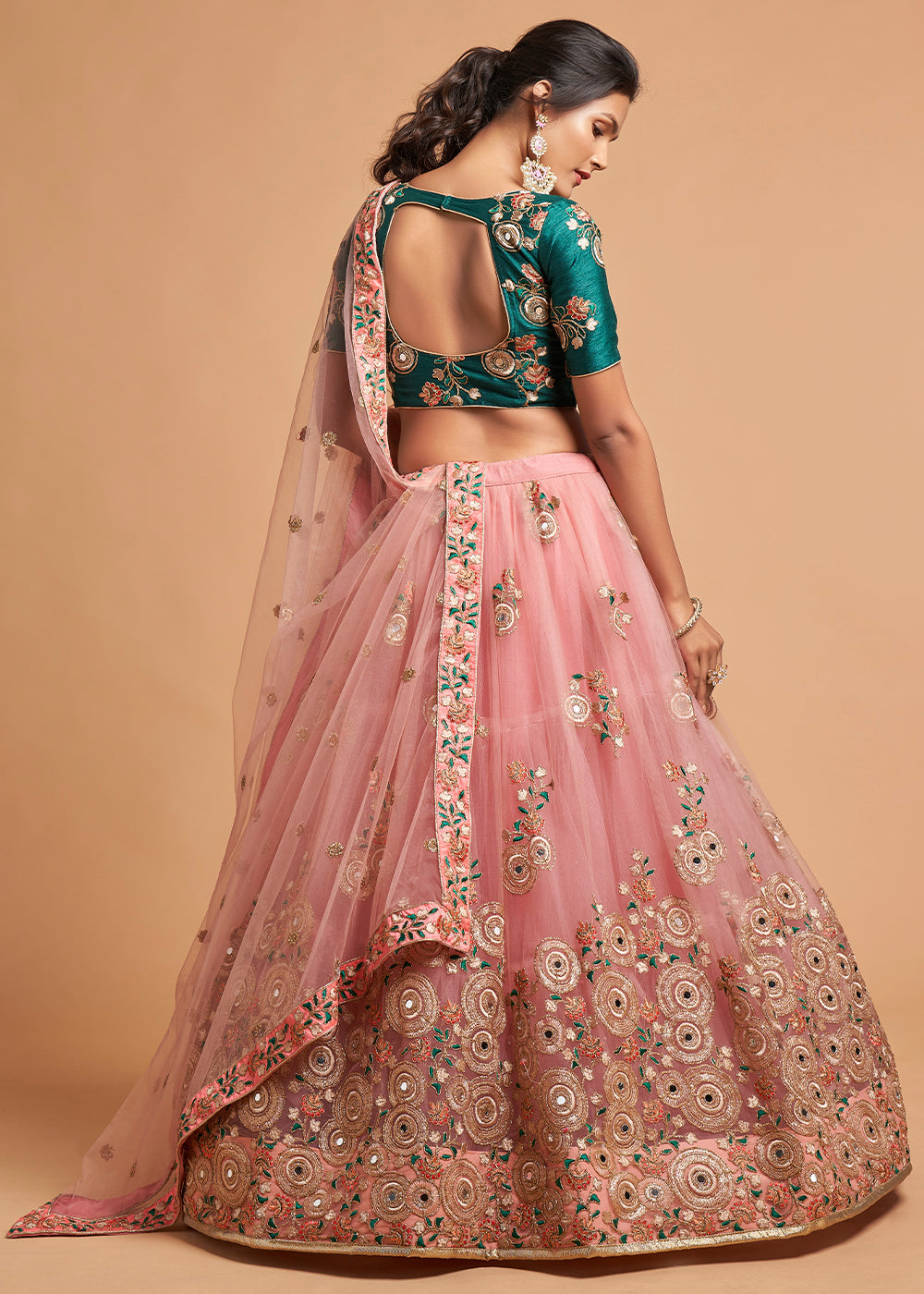 Grapefruit Pink Designer Soft Net Lehenga Choli with Zari, Dori, Thread & Sequins Embroidery work | Ready To Wear - qivii