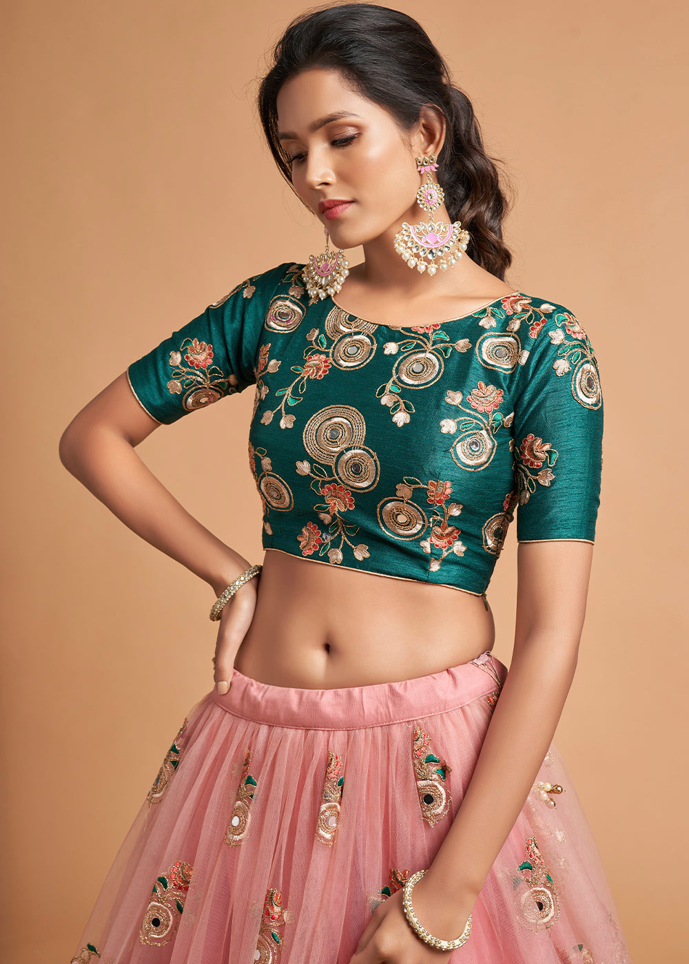 Grapefruit Pink Designer Soft Net Lehenga Choli with Zari, Dori, Thread & Sequins Embroidery work | Ready To Wear - qivii