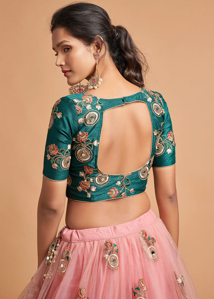 Grapefruit Pink Designer Soft Net Lehenga Choli with Zari, Dori, Thread & Sequins Embroidery work | Ready To Wear - qivii