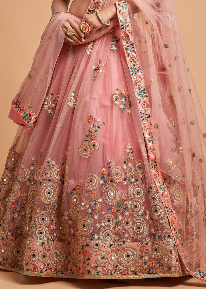 Grapefruit Pink Designer Soft Net Lehenga Choli with Zari, Dori, Thread & Sequins Embroidery work | Ready To Wear - qivii
