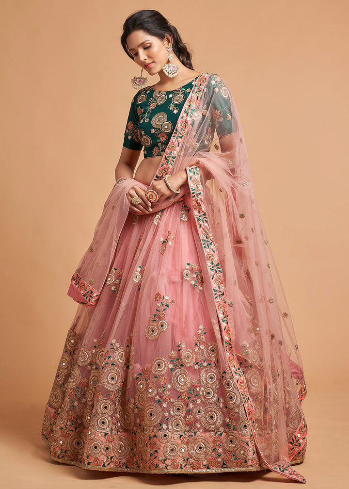 Grapefruit Pink Designer Soft Net Lehenga Choli with Zari, Dori, Thread & Sequins Embroidery work | Ready To Wear - qivii