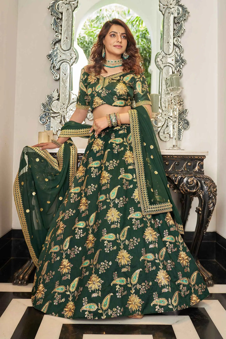 Green Art Silk Lehenga With Thread Zari Dori And Sequins Embroidery Work | Ready To Wear - qivii