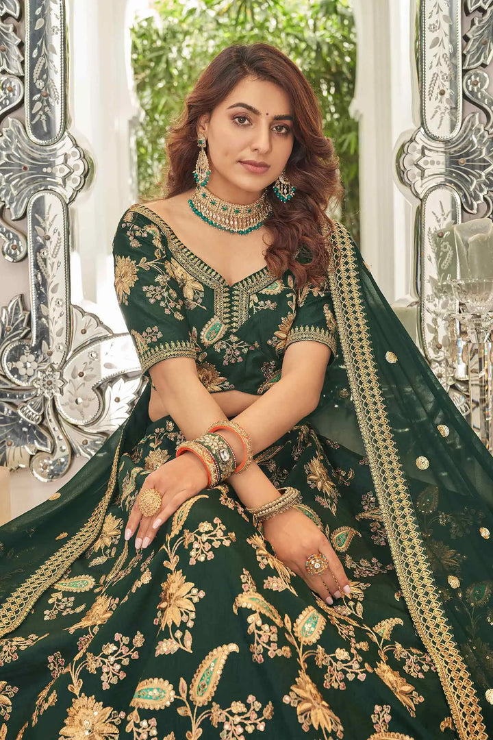 Green Art Silk Lehenga With Thread Zari Dori And Sequins Embroidery Work | Ready To Wear - qivii