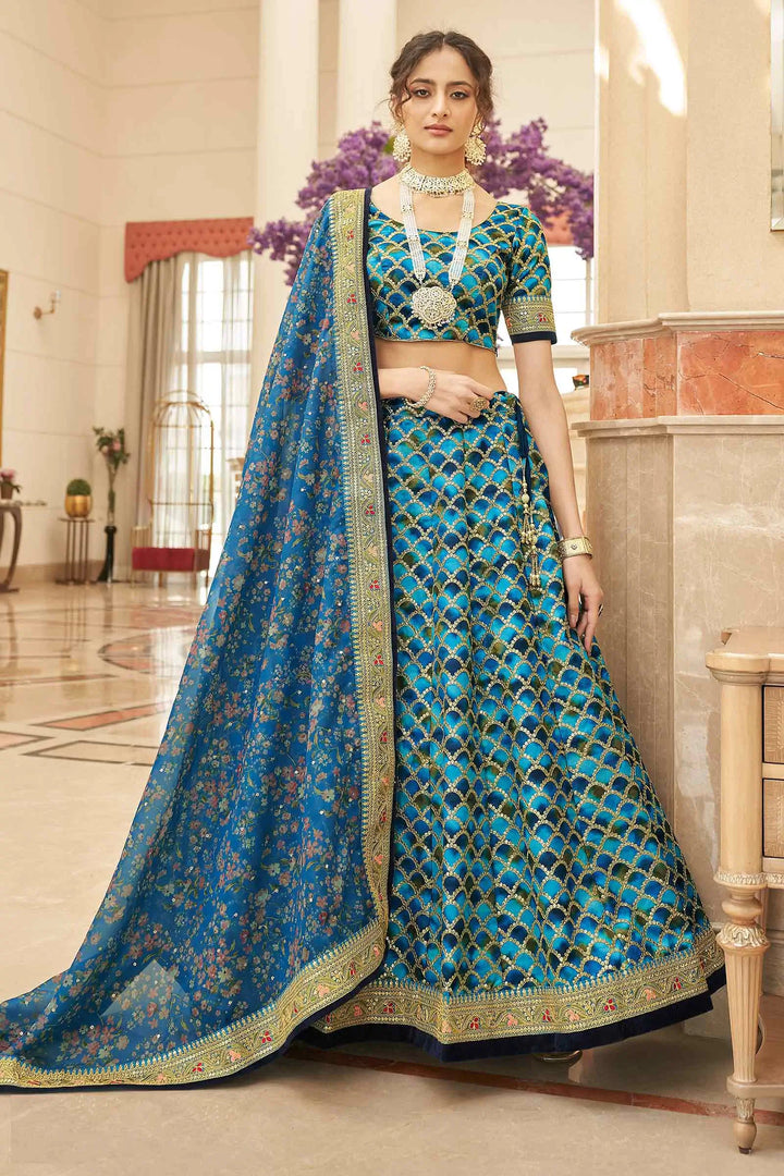 Blue Thread Zari Dori And Sequins Embroidery Work Art Silk Lehenga Choli - qivii