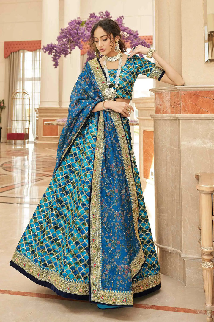 Blue Thread Zari Dori And Sequins Embroidery Work Art Silk Lehenga Choli - qivii
