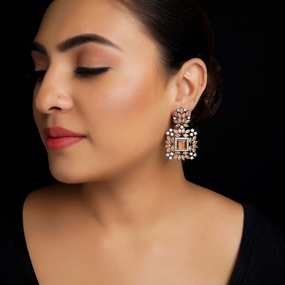 Chetna Diamond Work Rhodium Plated Copper Victorian Earrings - qivii