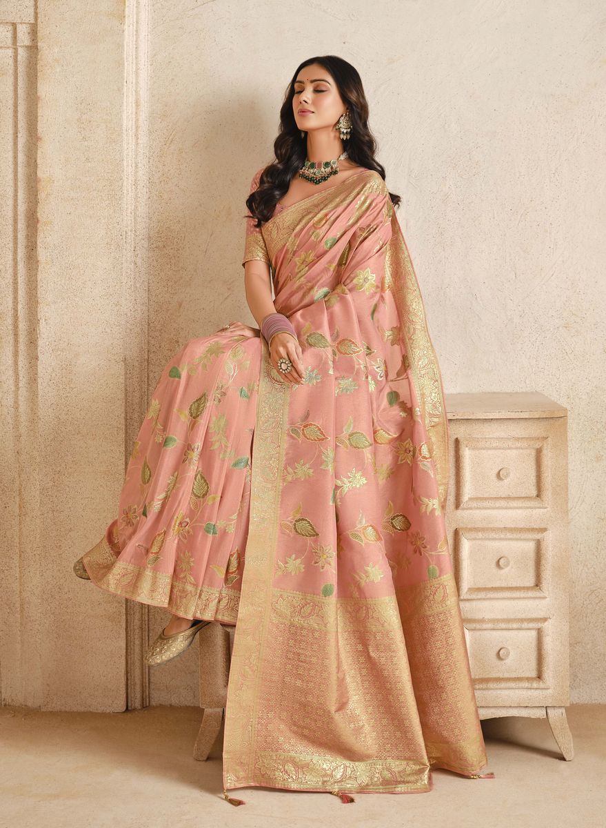 Soft Pink Silk with Beutifull Zariweaving Saree - qivii