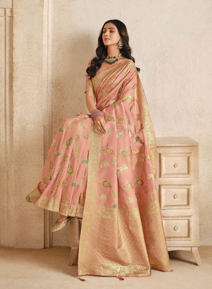 Soft Pink Silk with Beutifull Zariweaving Saree - qivii